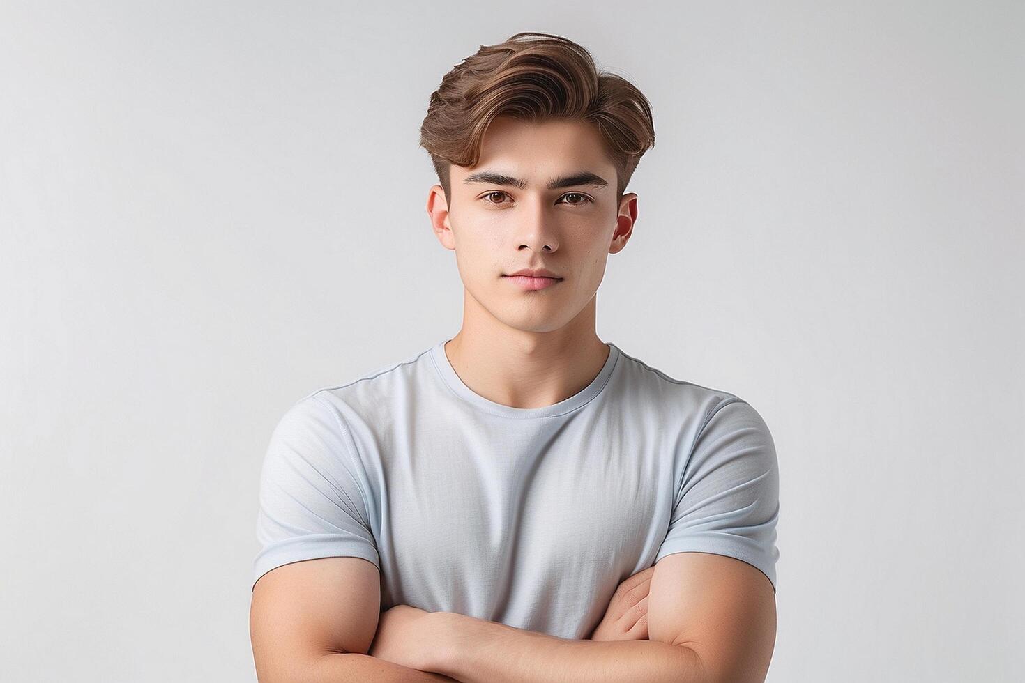 Young man with arms crossed standing in front of white background photo