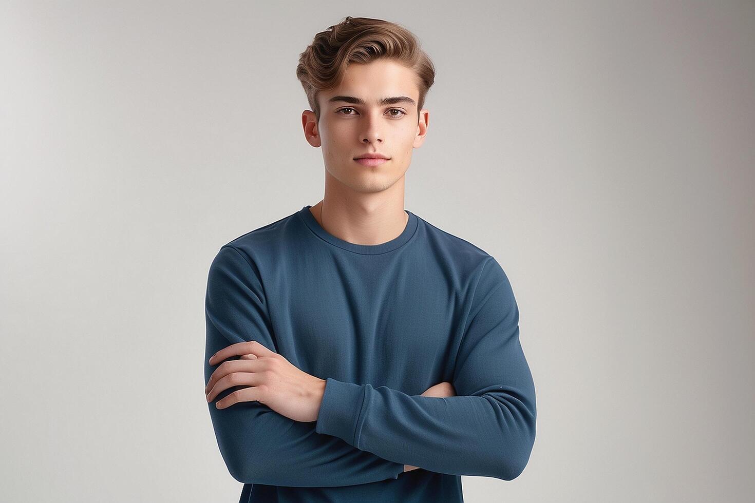 Young man in blue sweatshirt standing with arms crossed photo
