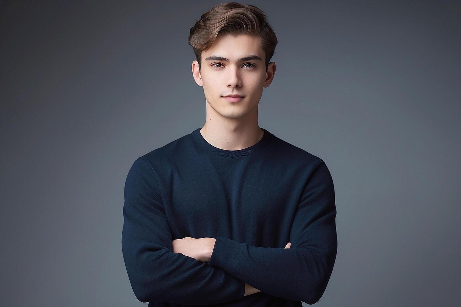 Portrait of a young man with his arms crossed on a gray background photo