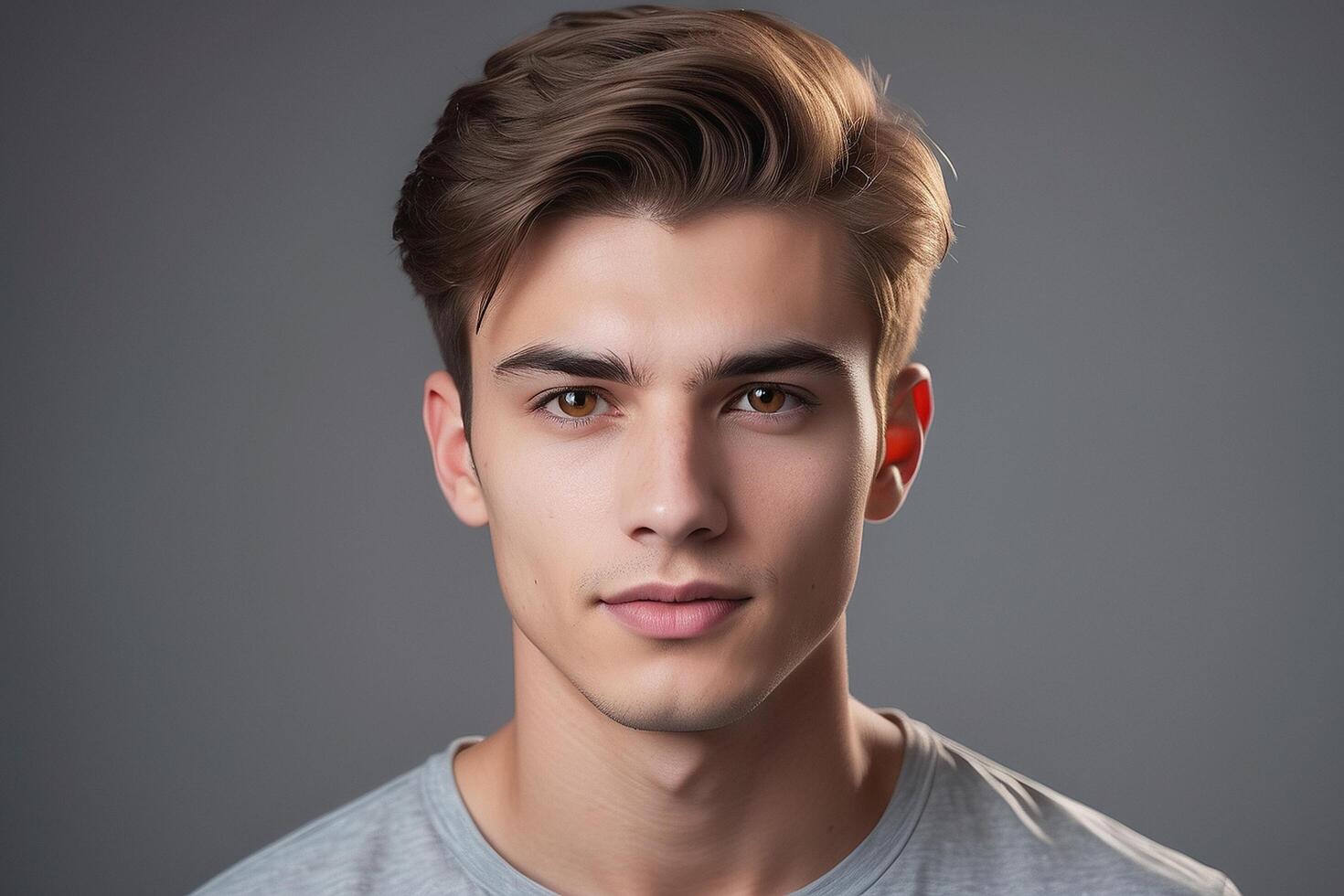 A young man with a short hair and a gray shirt photo