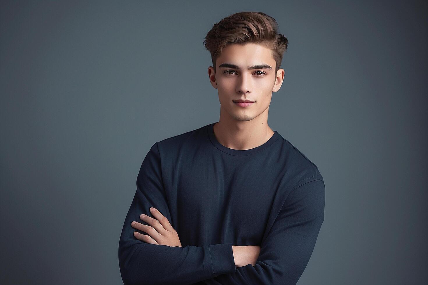 Young man in dark blue shirt posing for camera photo