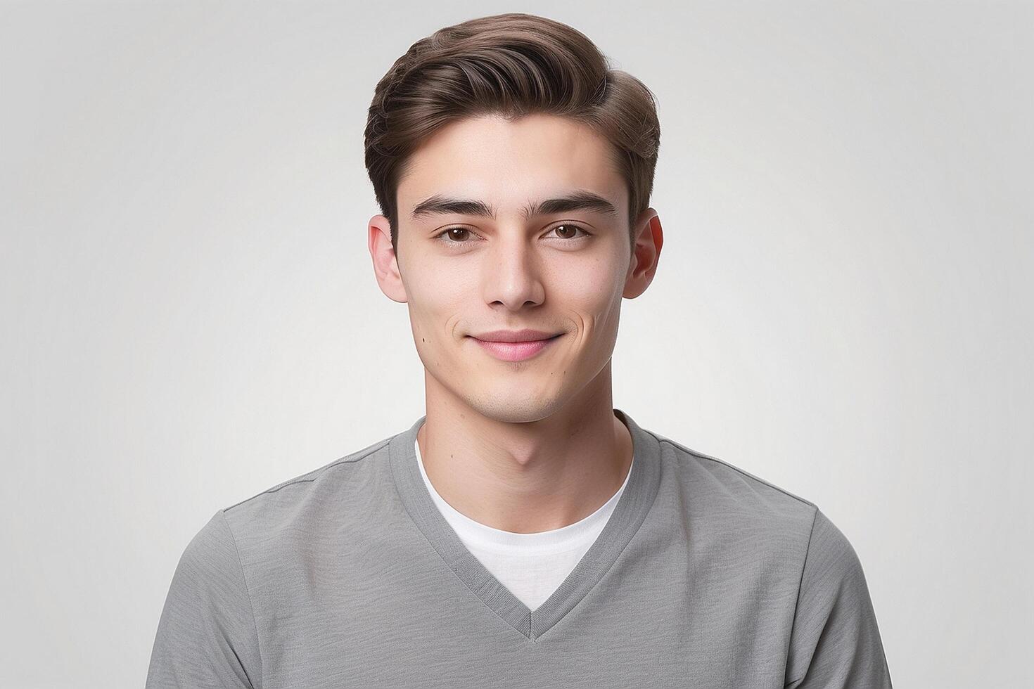 Portrait of a young man smiling on grey background photo
