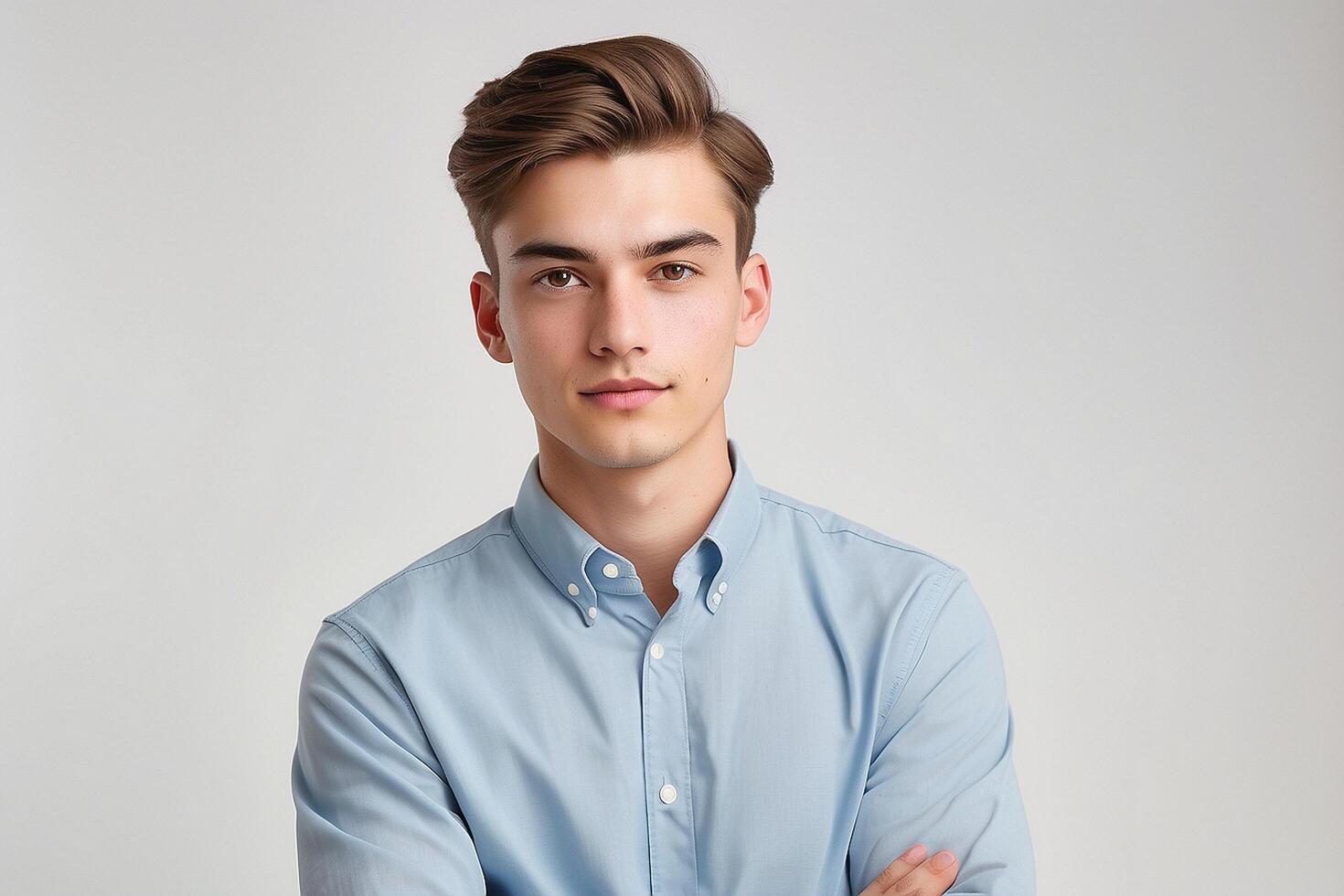 Young man in blue shirt posing for camera photo