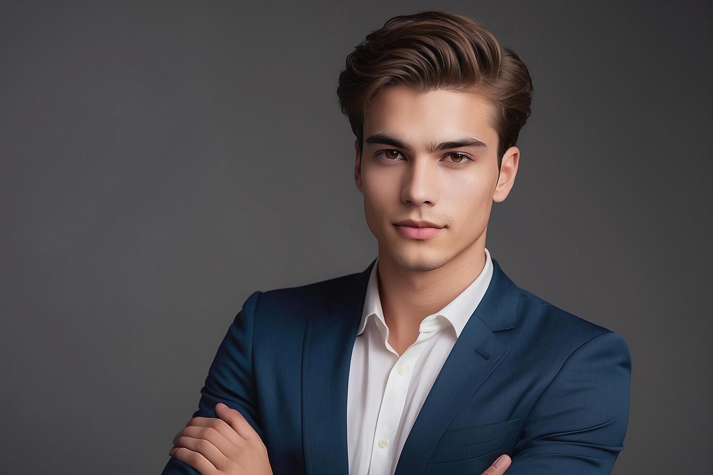 Young man in a blue suit with his arms crossed photo