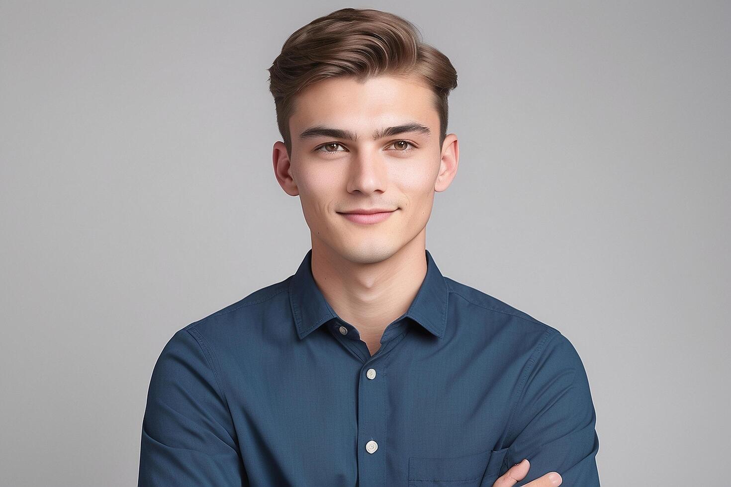 Portrait of a young man with his arms crossed on a gray background photo