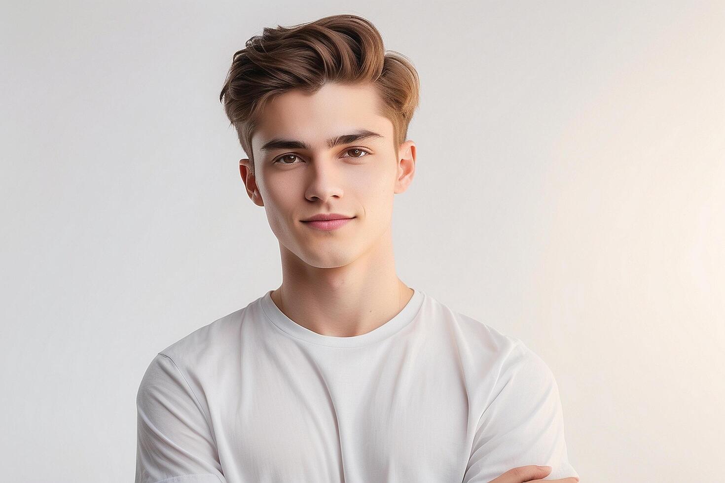 A young man in a white t - shirt photo