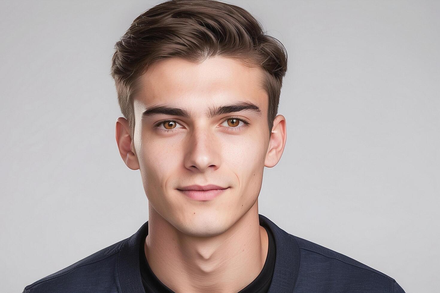 A young man with a short hair and a blue shirt photo