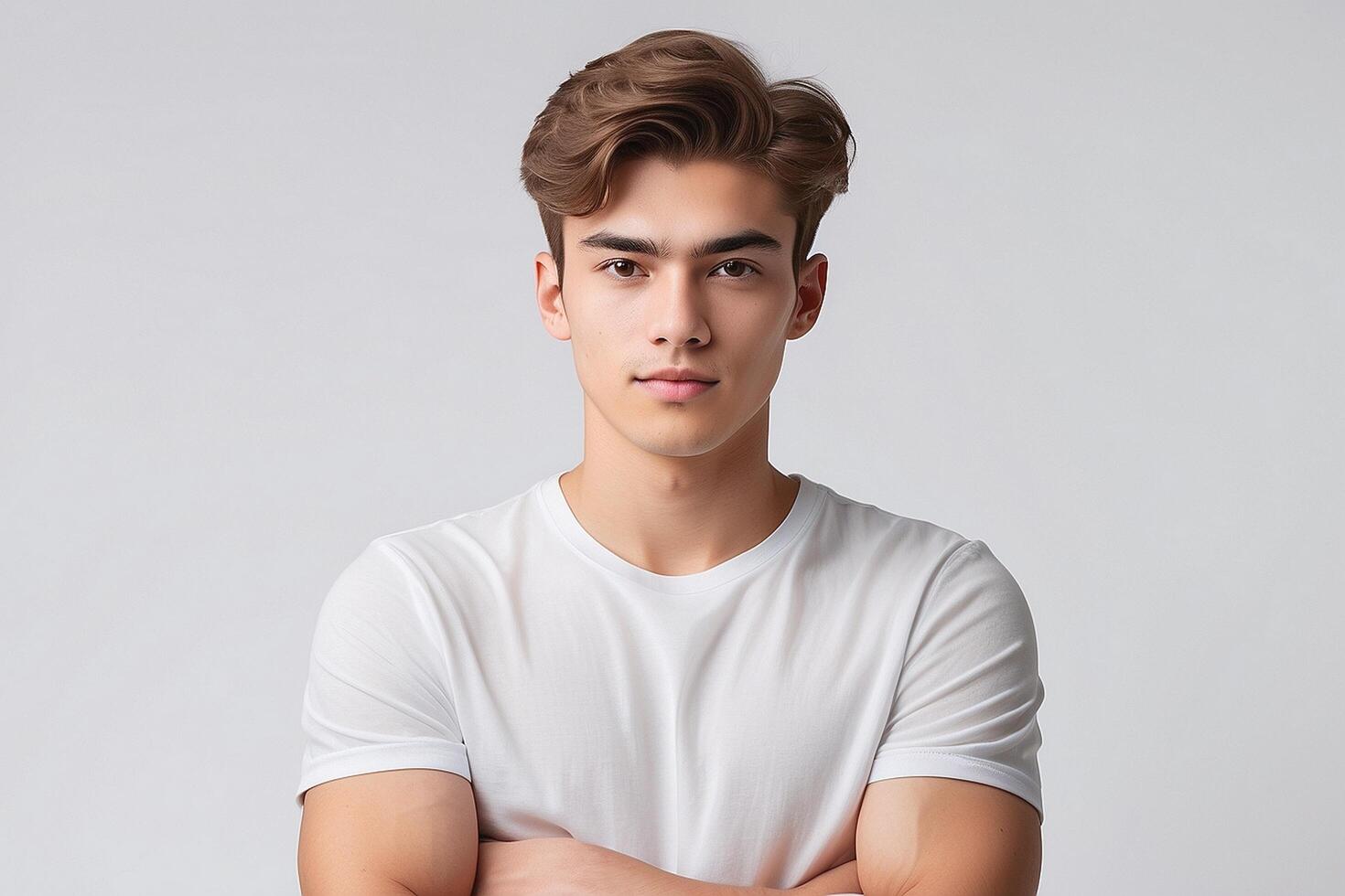 Young man in white t - shirt standing with arms crossed photo