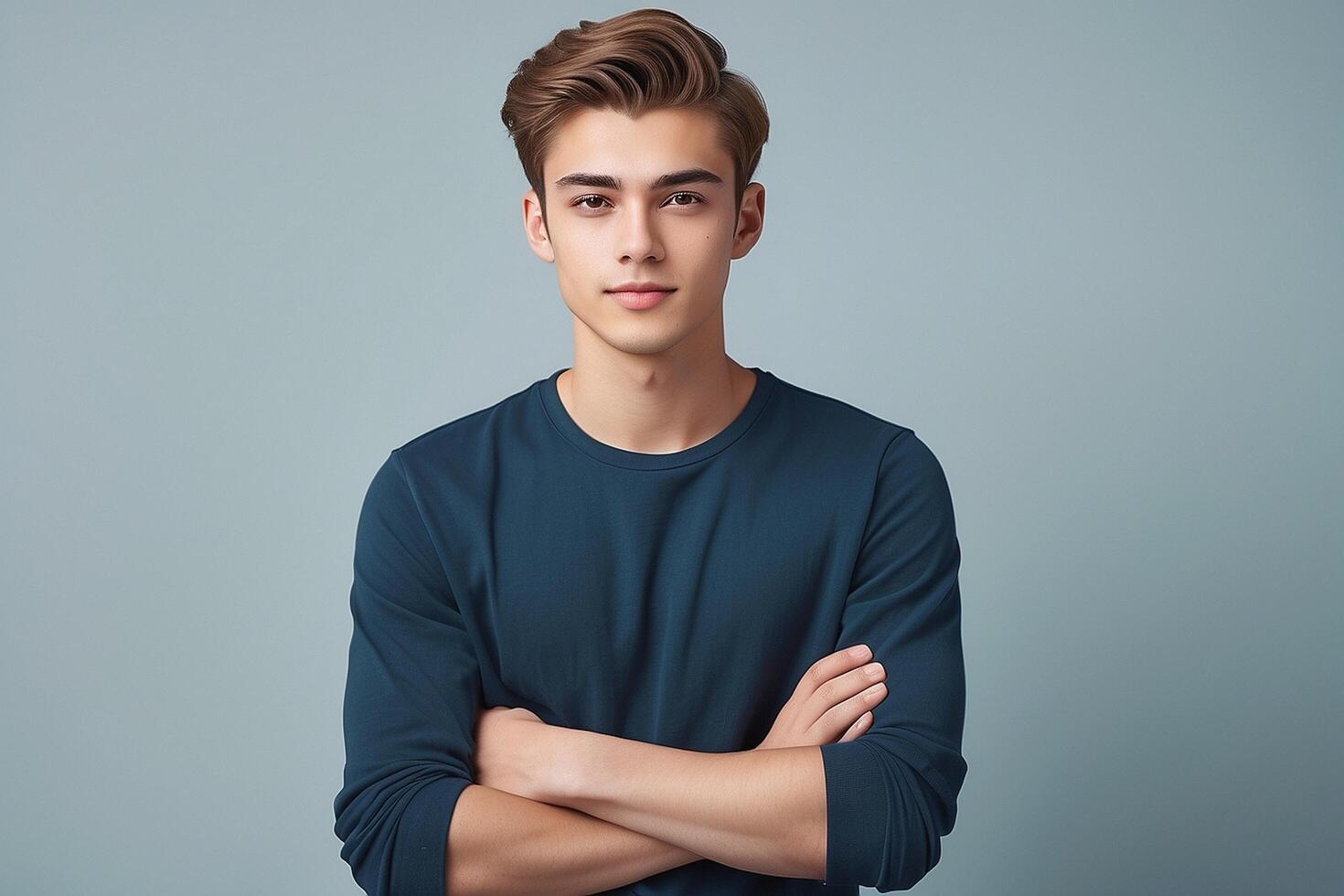 Portrait of a young man with arms crossed on gray background photo