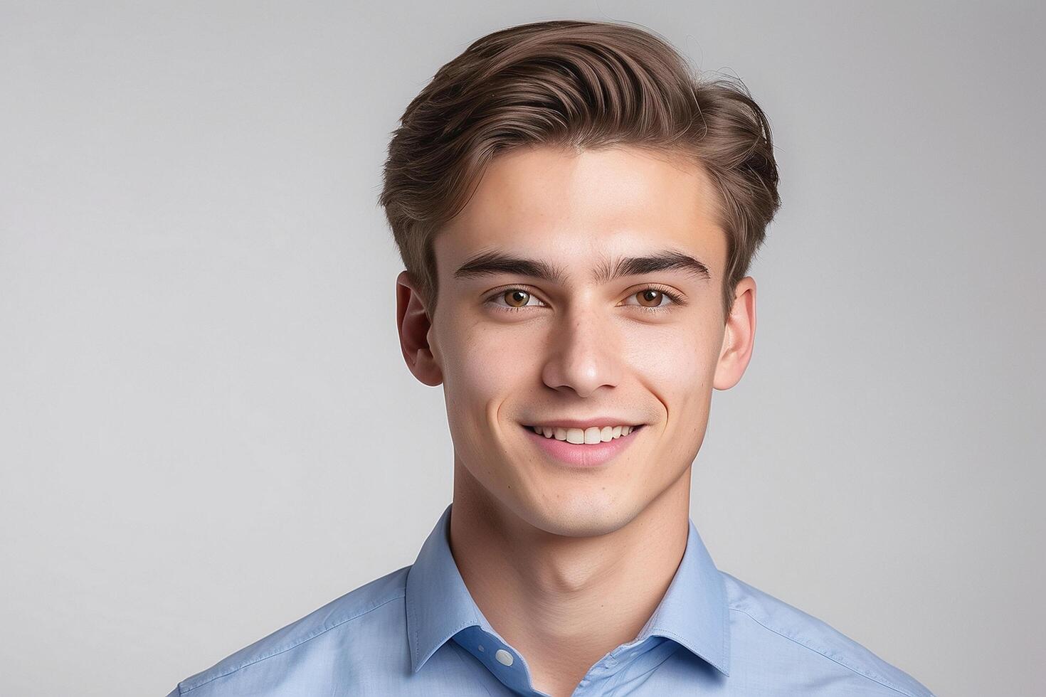 Portrait of a young man smiling on grey background photo