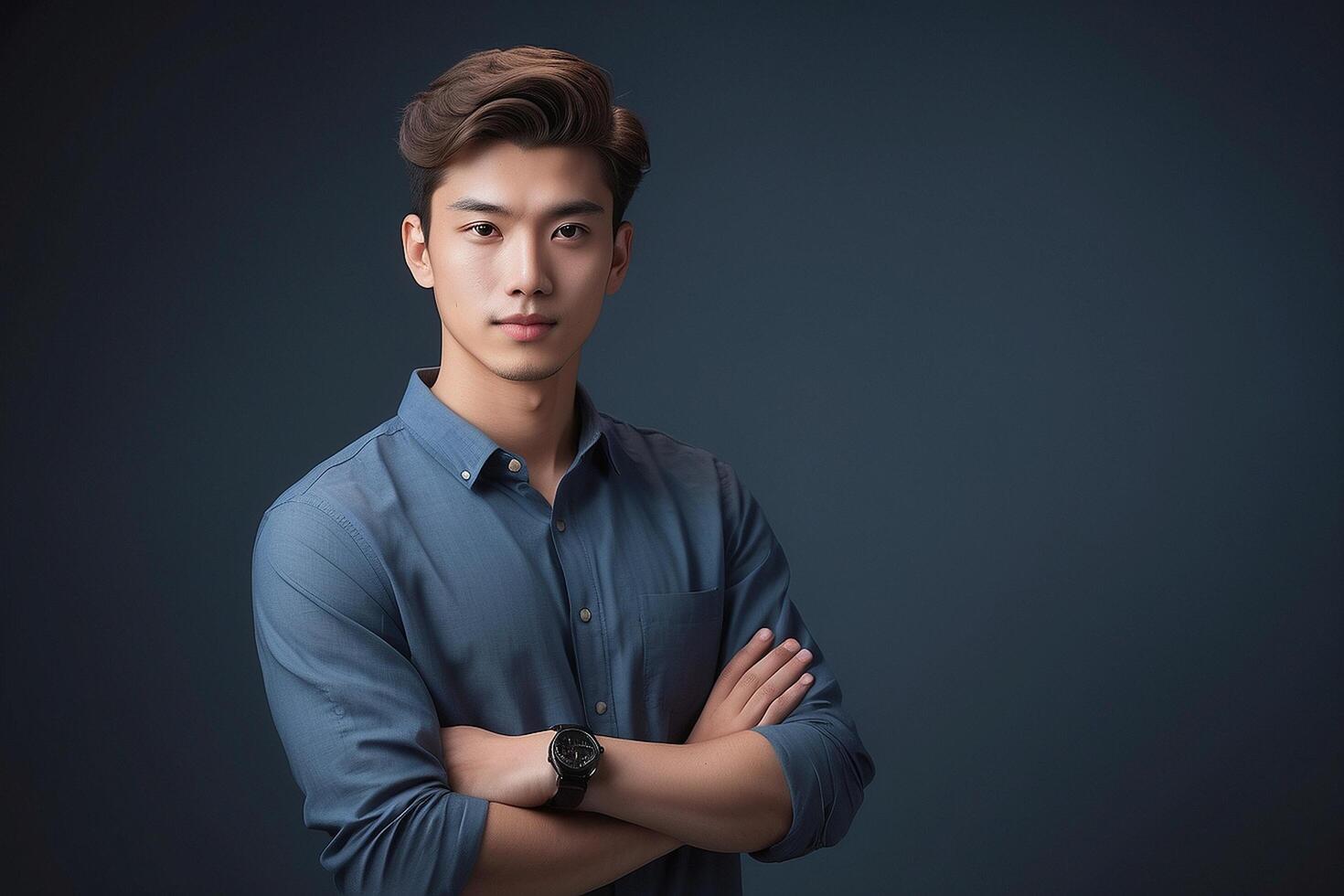 Asian man in blue shirt posing with arms crossed photo
