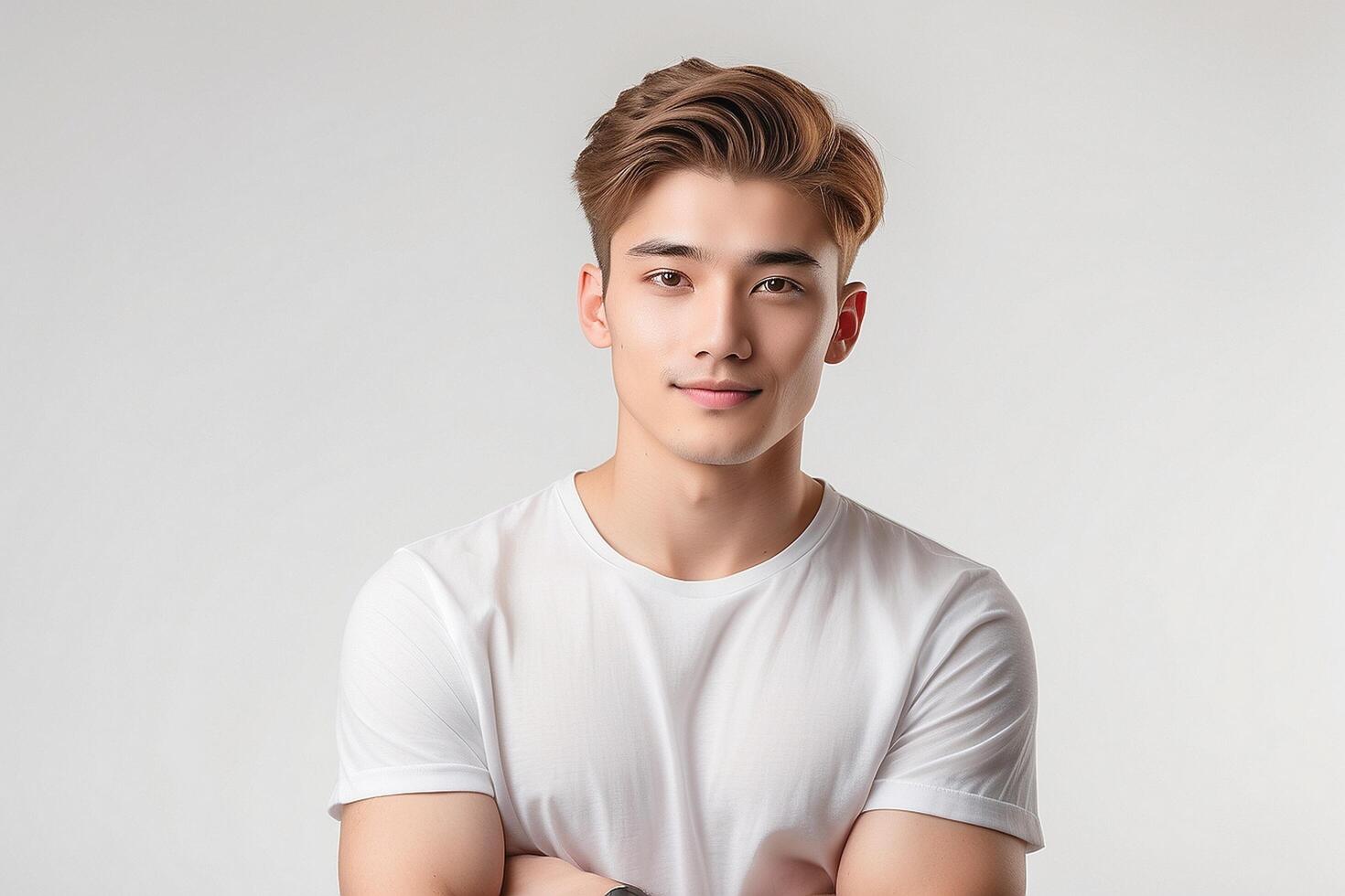 Young man in white t - shirt standing with arms crossed photo