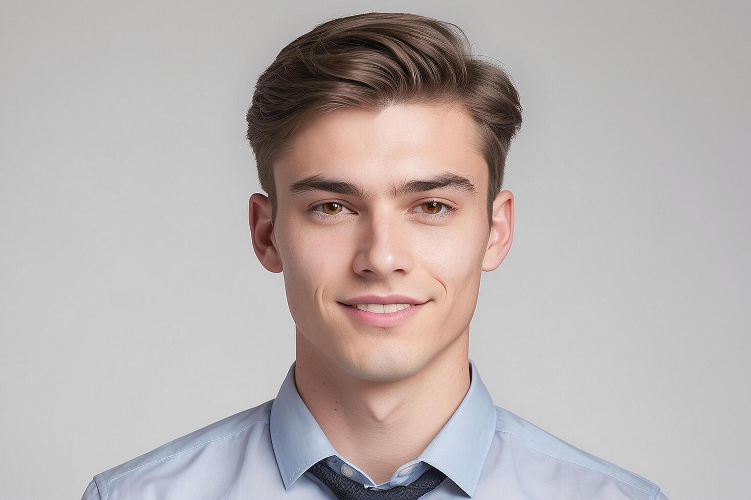 A young man in a blue shirt and tie photo
