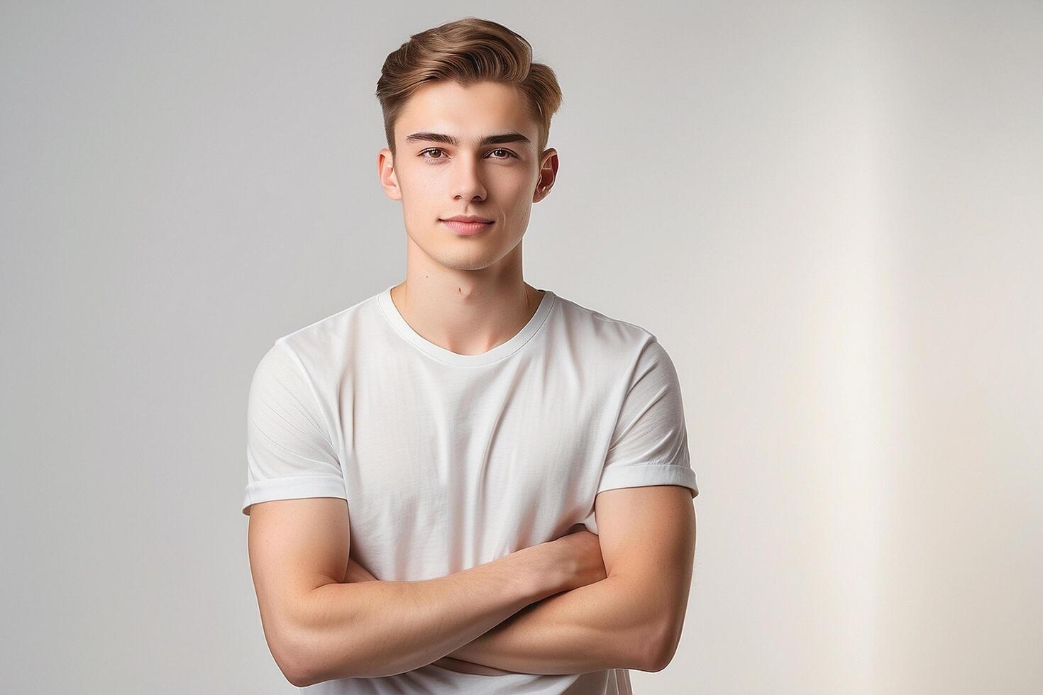 Young man in white t - shirt standing with arms crossed photo