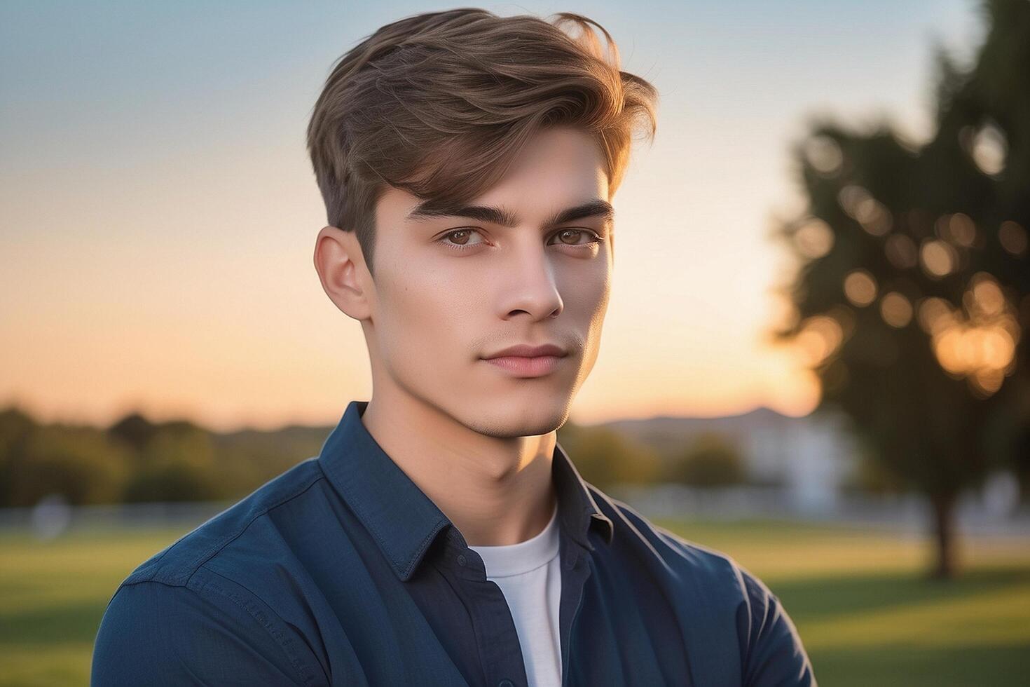 A young man in a blue shirt standing in a field photo