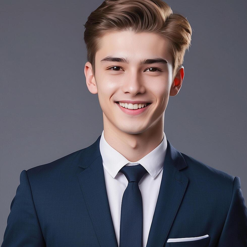 A young man in a suit and tie smiling photo