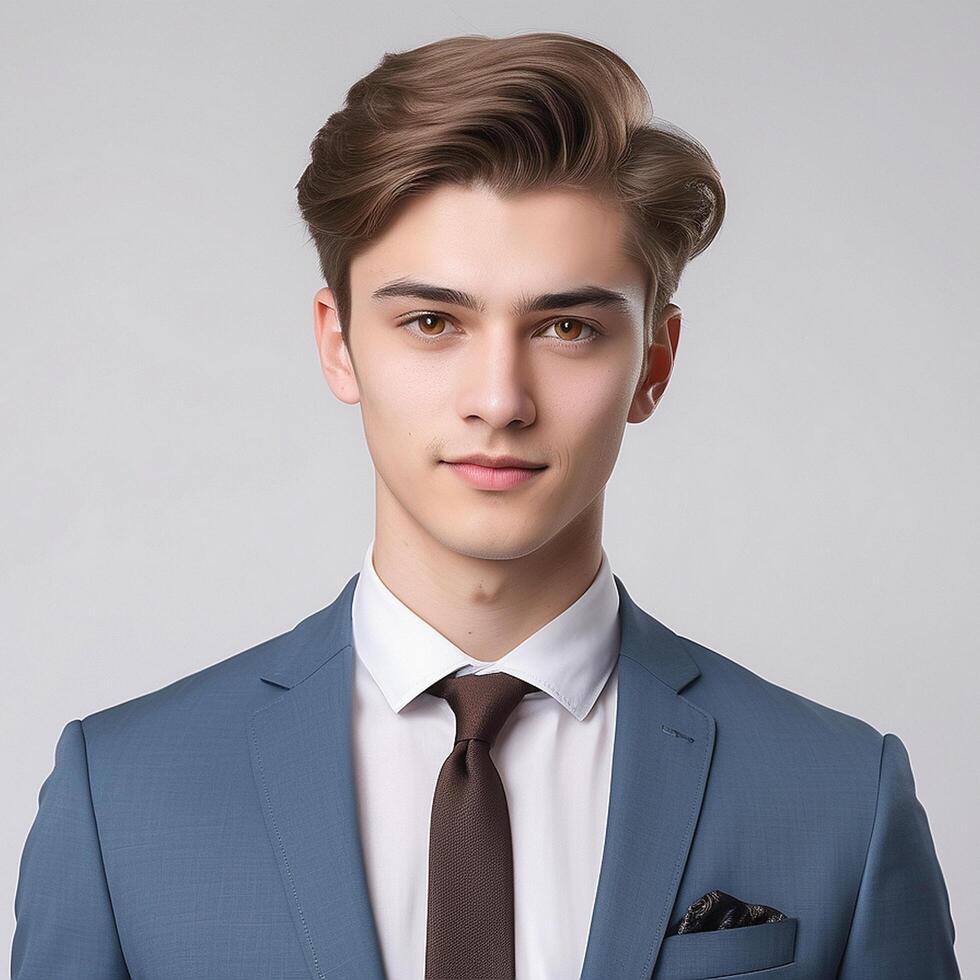 A young man in a blue suit and brown tie photo