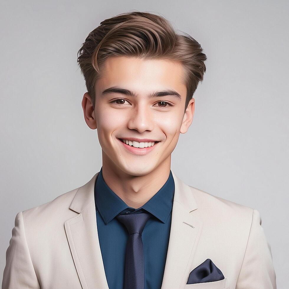 A young man in a suit and tie smiling photo