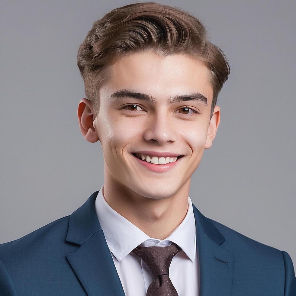 A young man in a suit and tie smiling photo