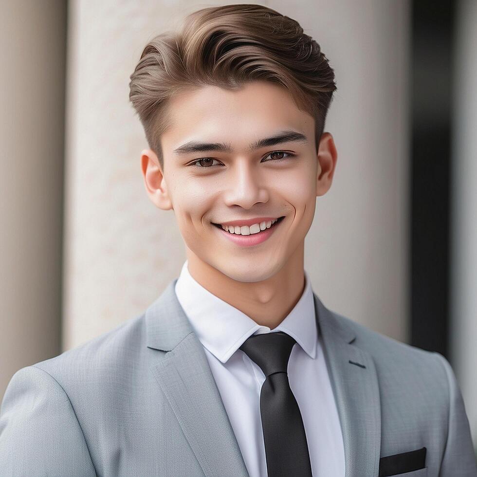 A young man in a suit and tie smiling photo