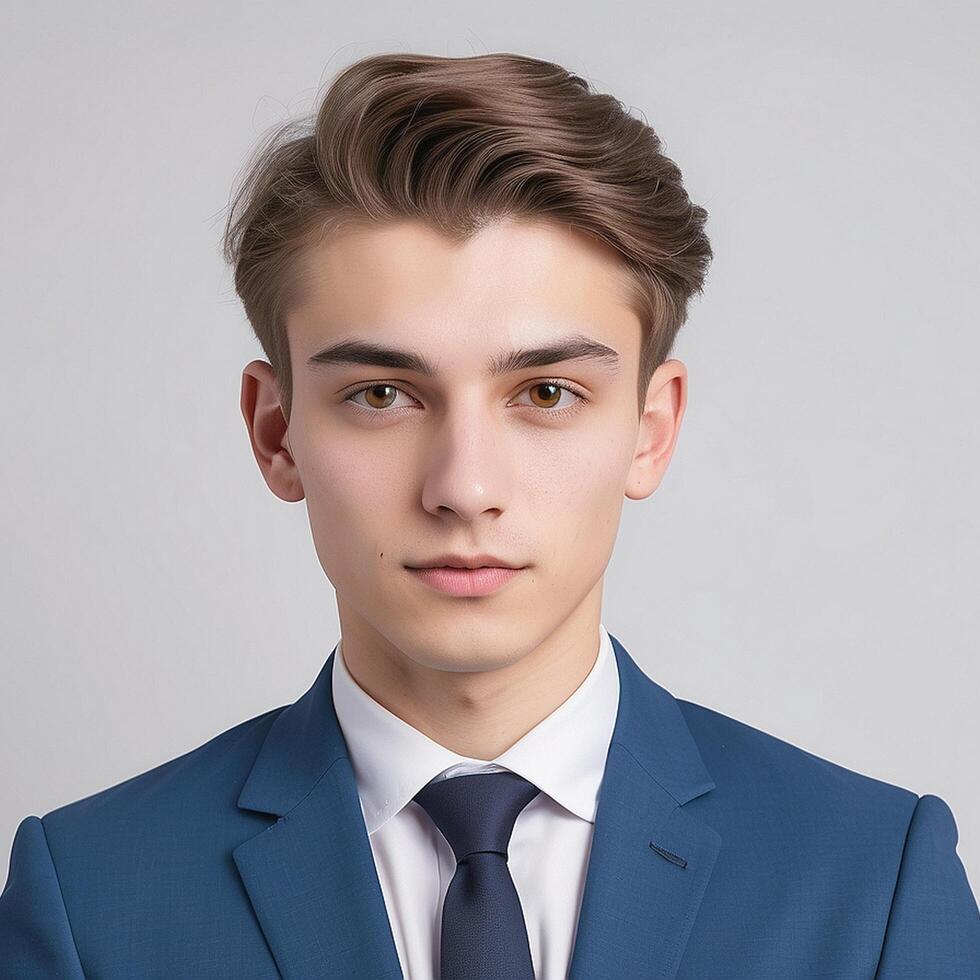A young man in a blue suit and tie photo