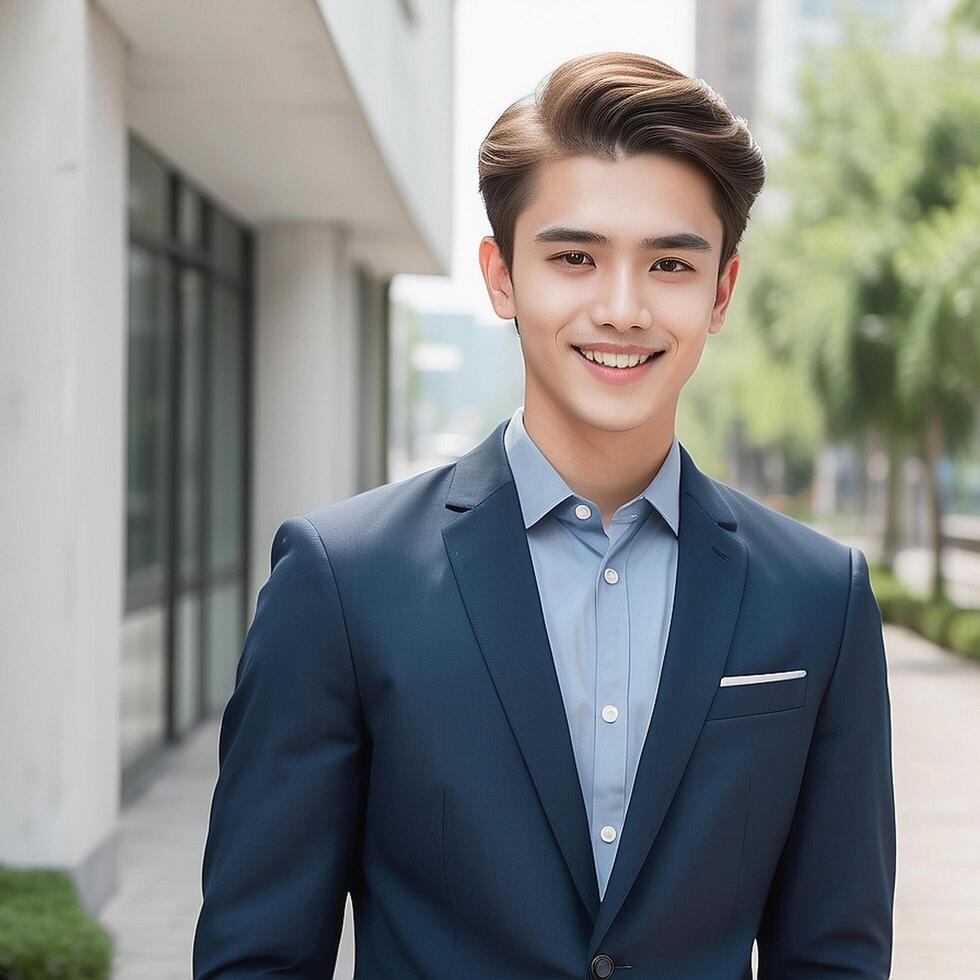 A young man in a suit and tie standing outside photo