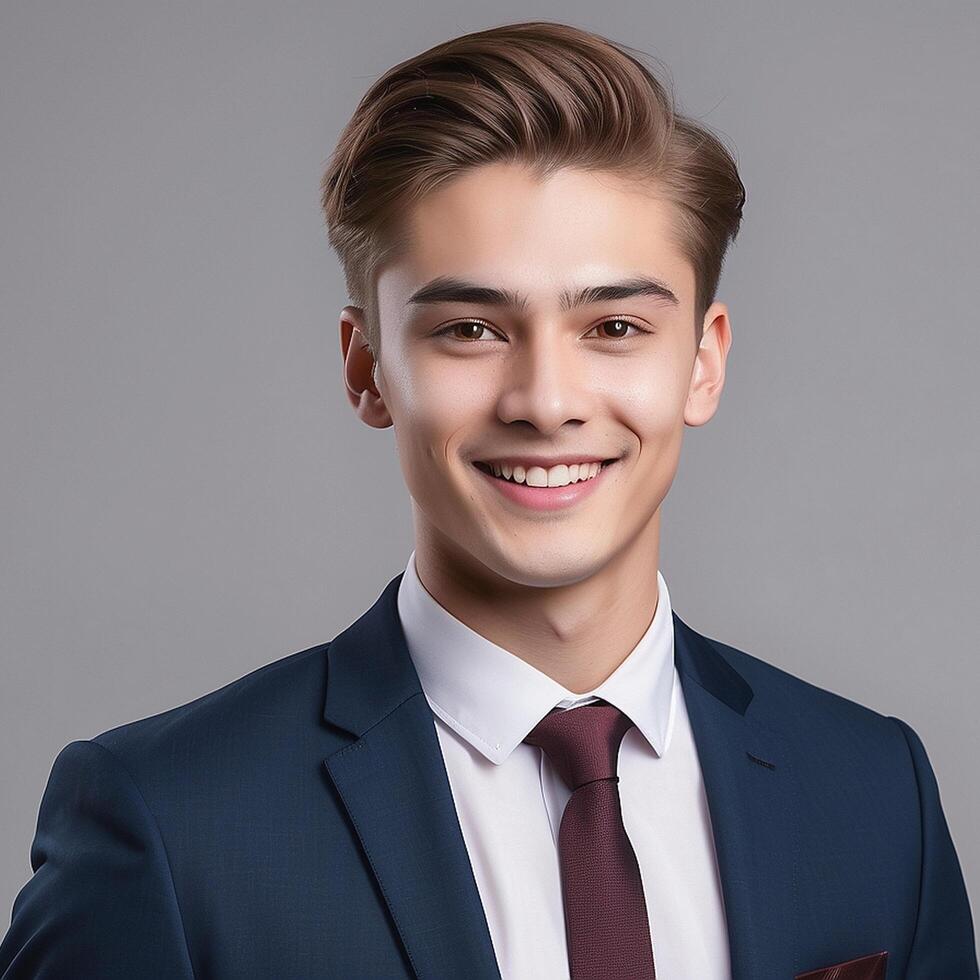A young man in a suit and tie smiling photo