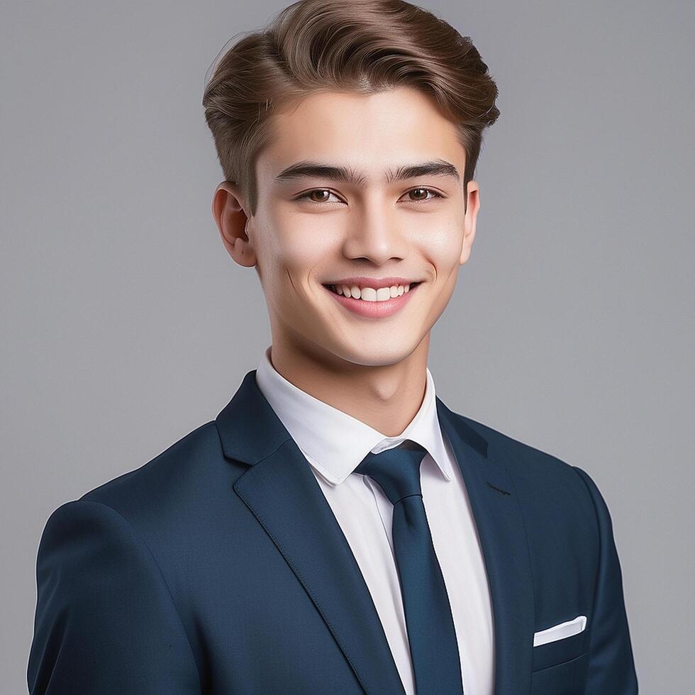 A young man in a suit and tie smiling photo
