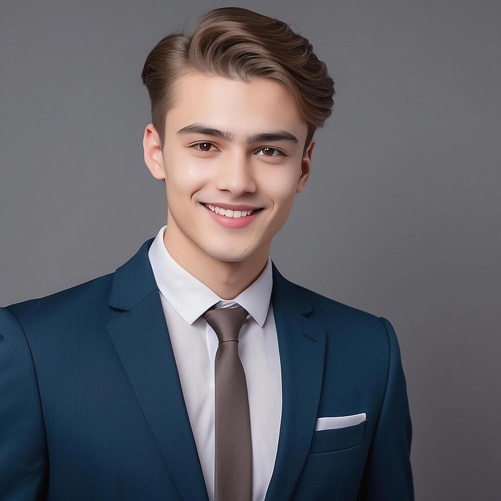 A young man in a blue suit and tie photo