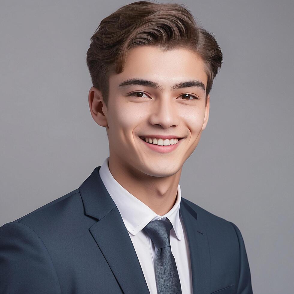 A young man in a suit and tie smiling photo