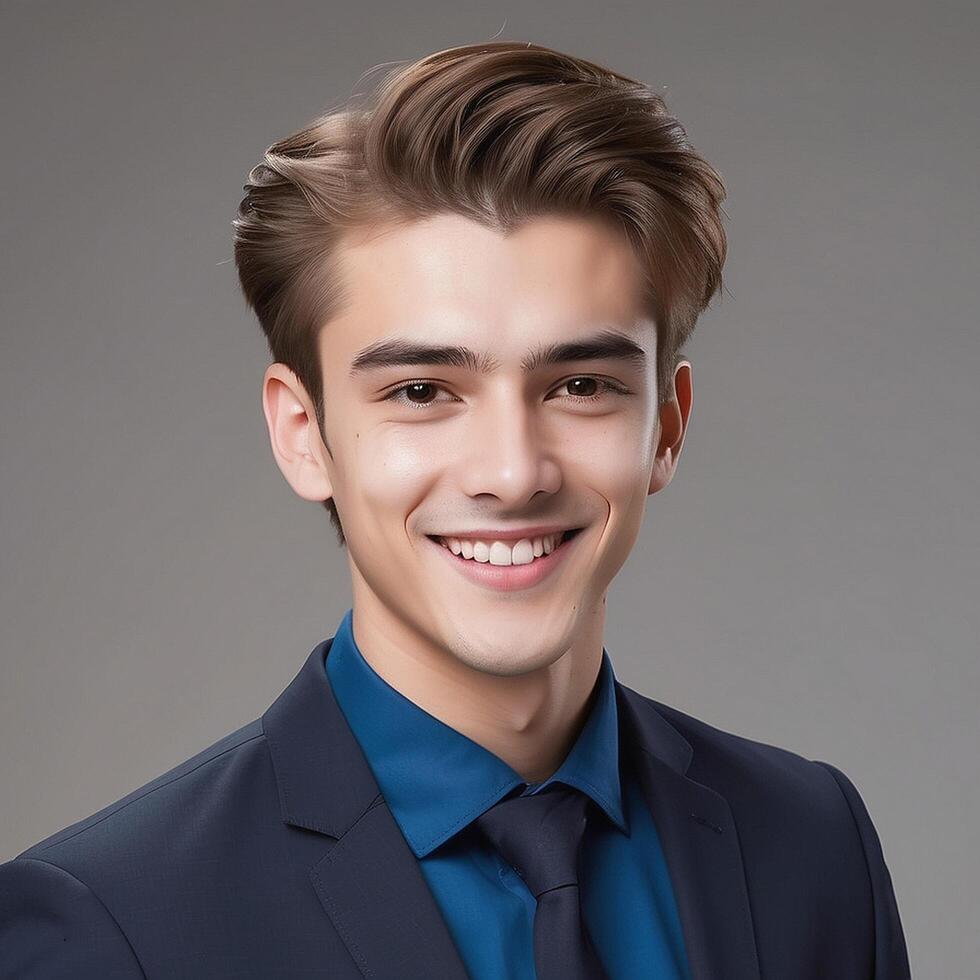 A young man in a suit and tie smiling photo