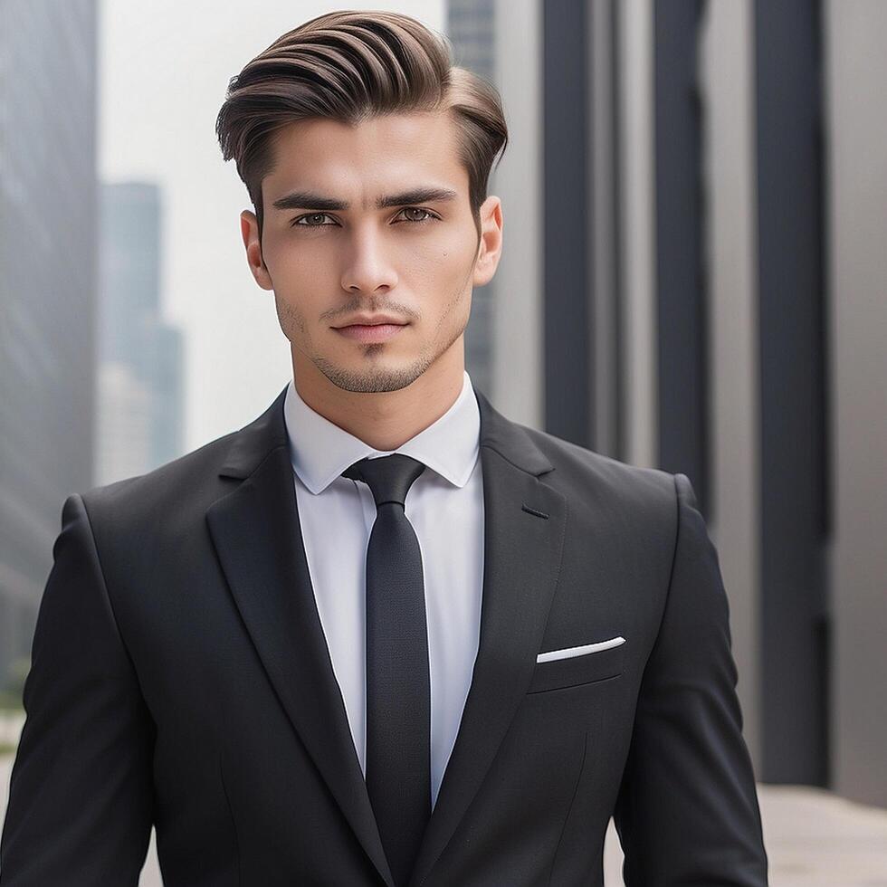 A man in a suit and tie standing in front of a building photo