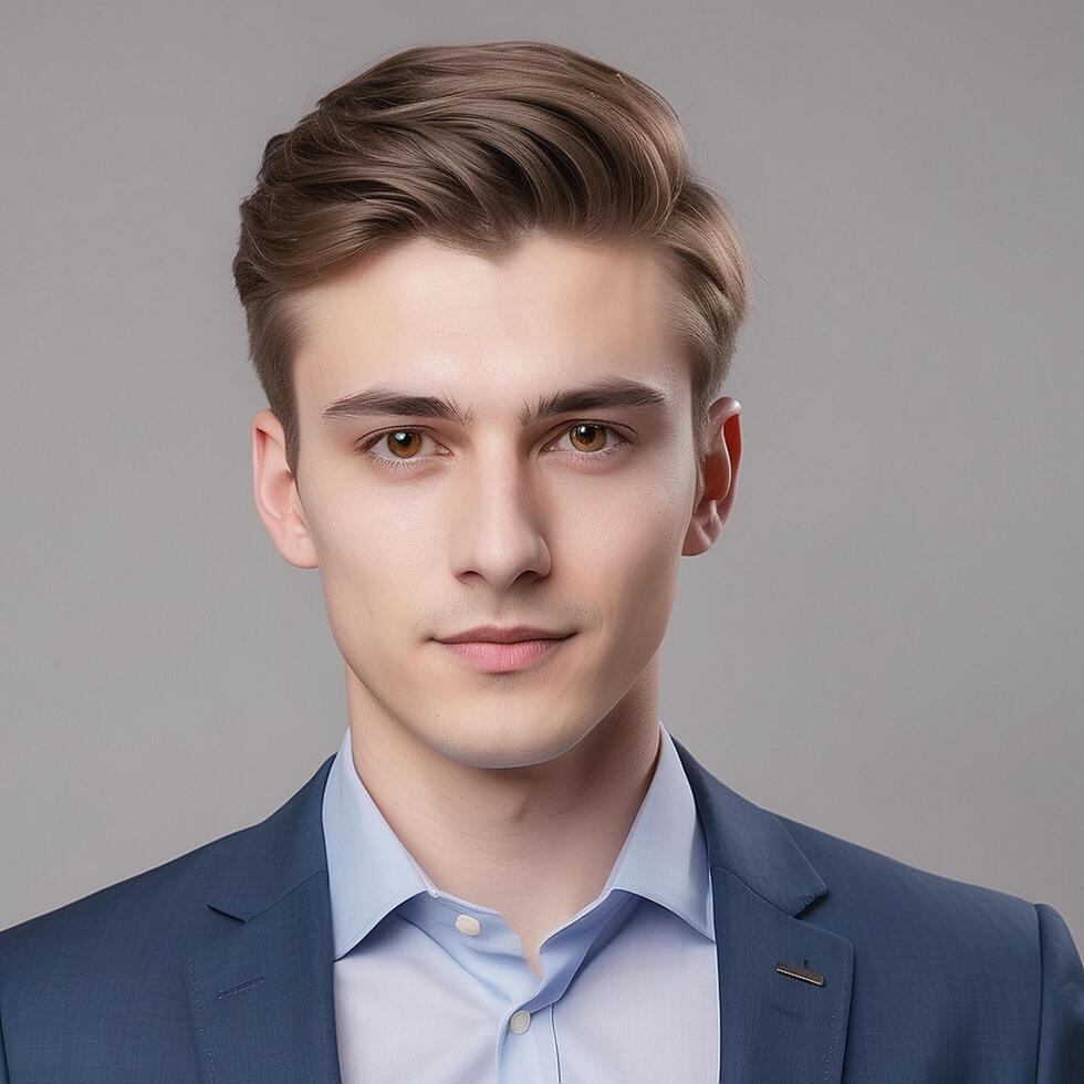 A young man in a suit and shirt photo