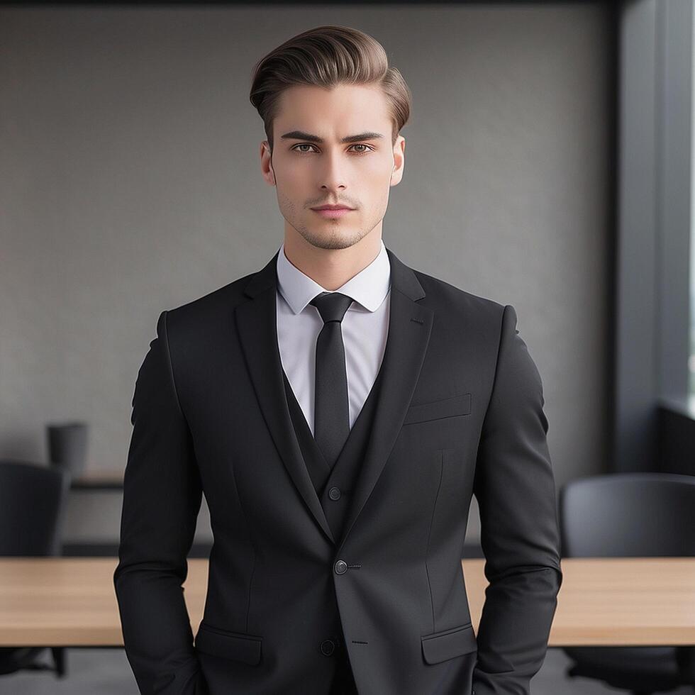 A man in a suit standing in front of a table photo
