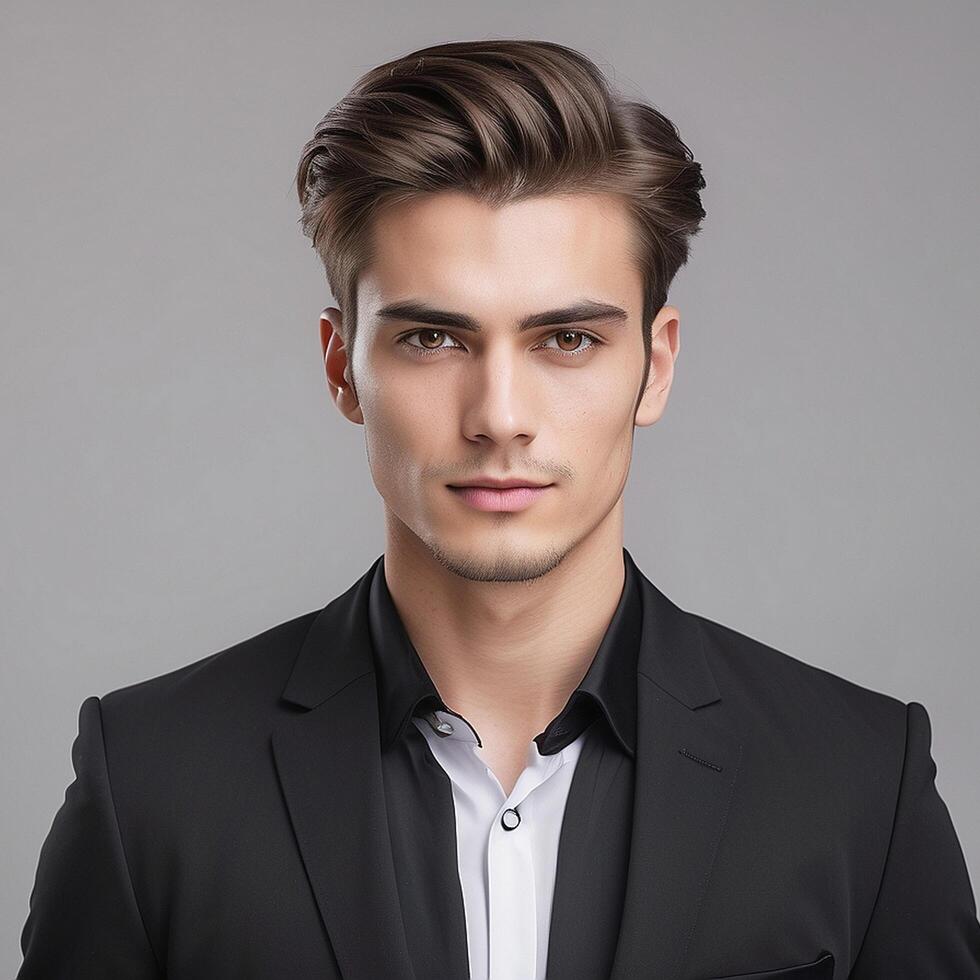 A man in a black suit and white shirt photo