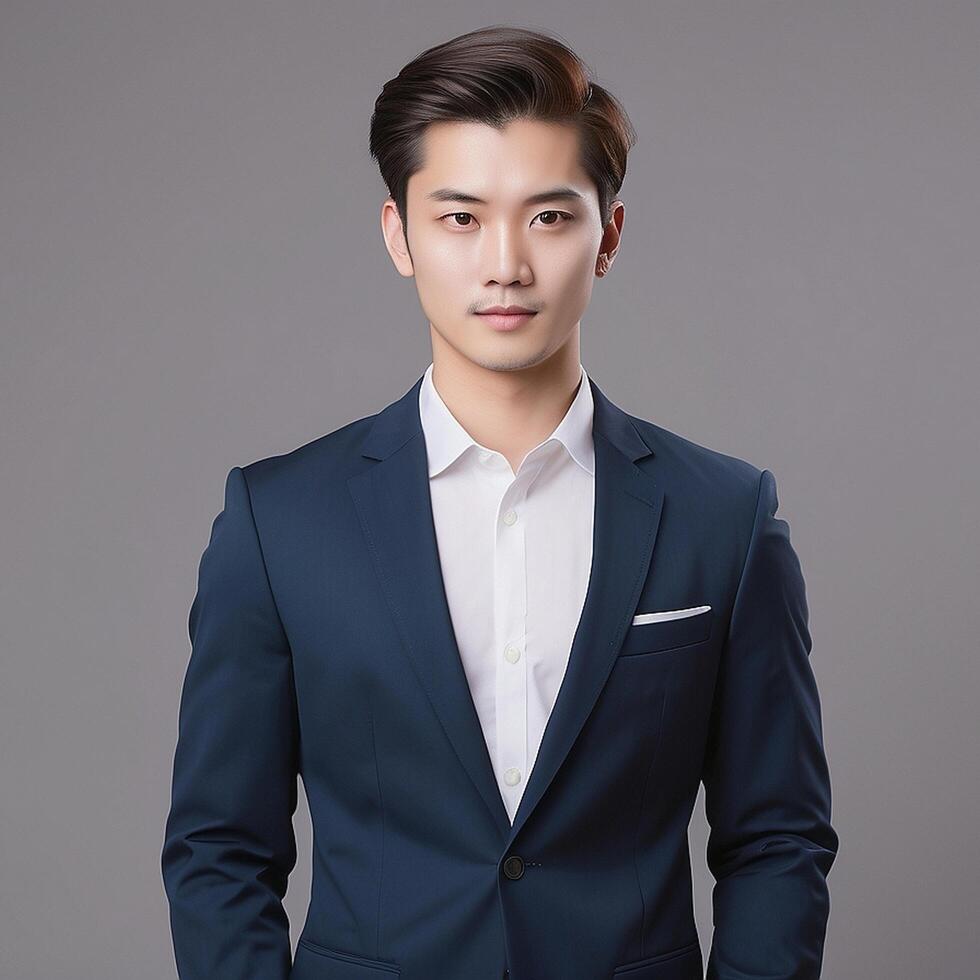 Young asian man in suit posing for photo