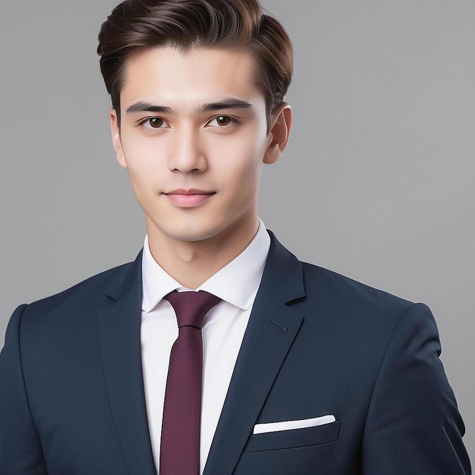Asian man in suit and tie looking at camera photo