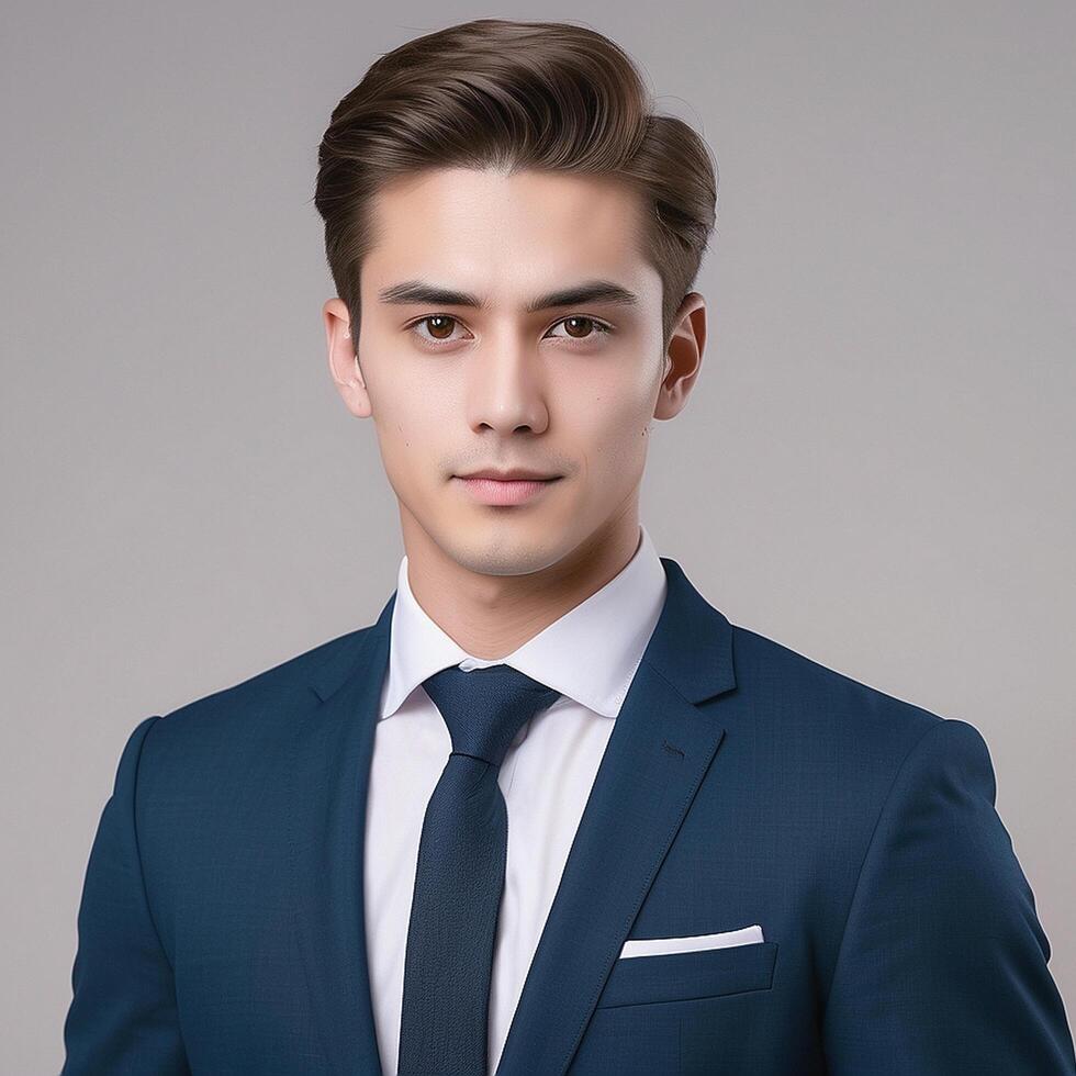 A young man in a blue suit and tie photo