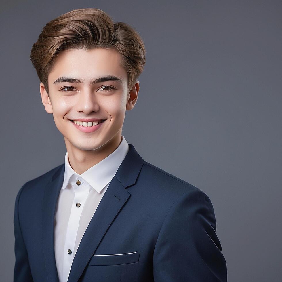 Portrait of a young man in a suit on a gray background photo