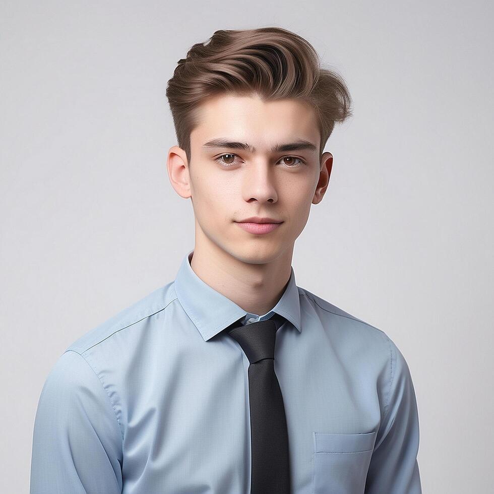 A young man in a blue shirt and tie photo