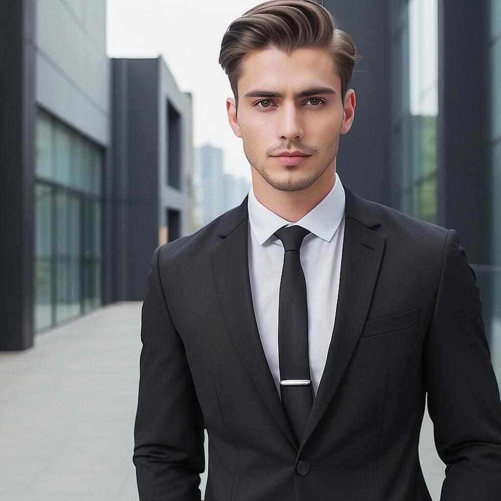 A man in a suit and tie standing in front of a building photo