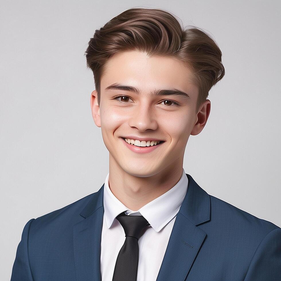 A young man in a blue suit and black tie photo