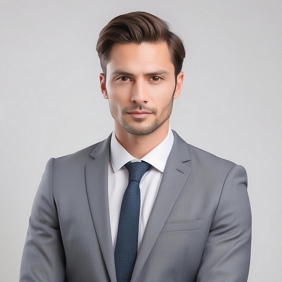 A man in a suit and tie standing in front of a gray background photo