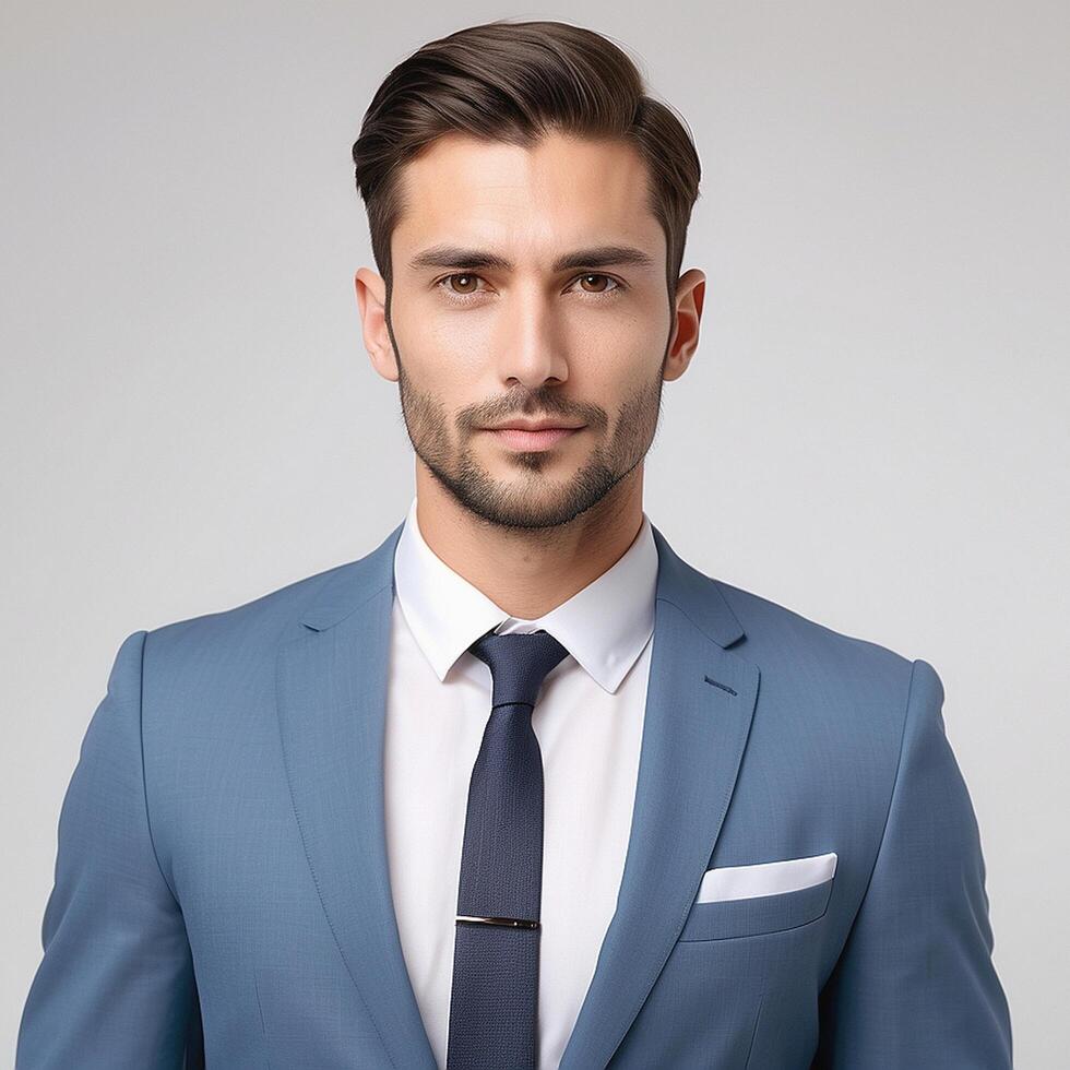 A man in a blue suit and tie photo