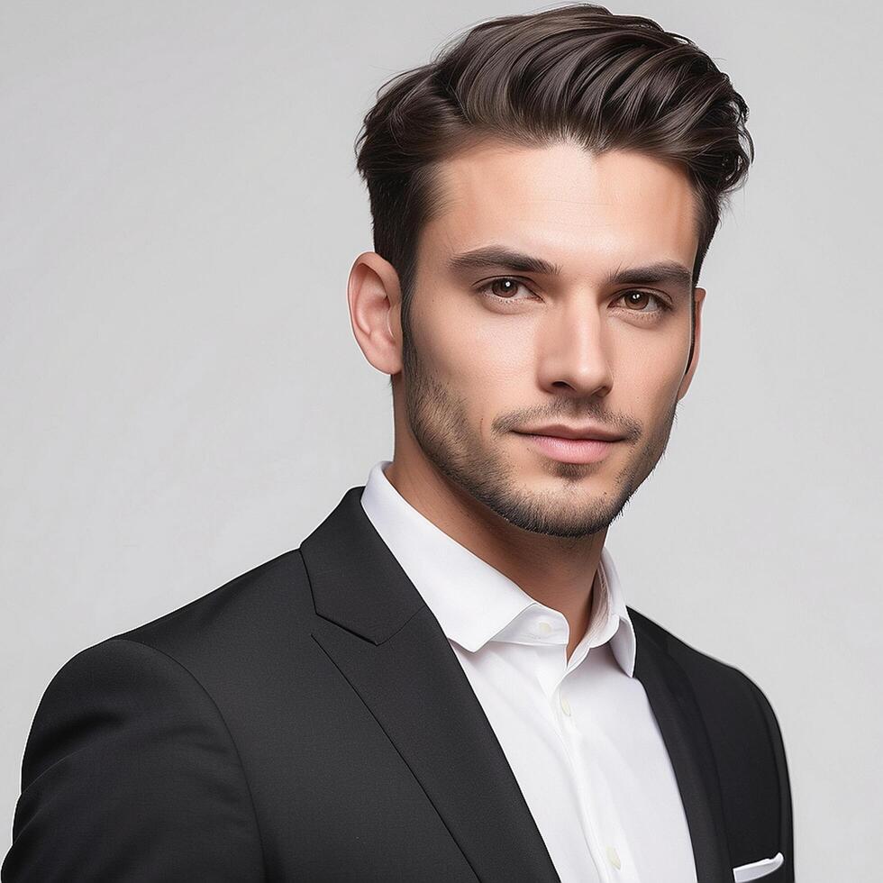 A man in a suit and white shirt photo