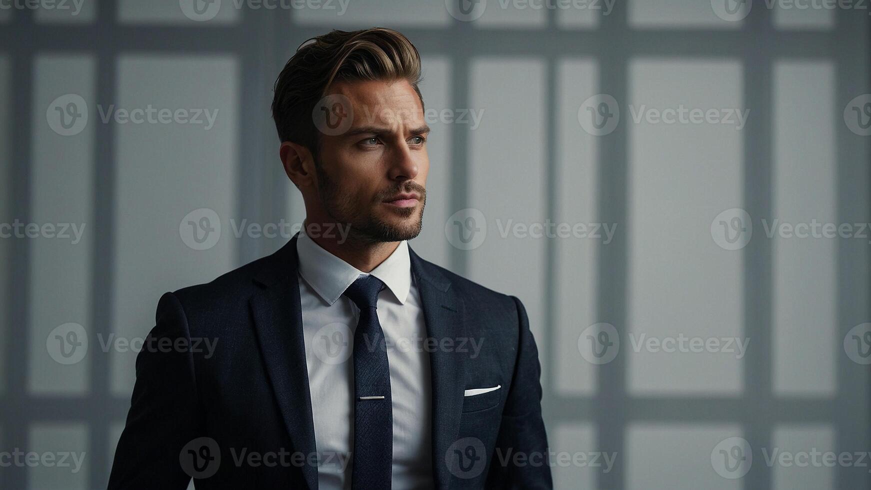 A man in a suit and tie standing in front of a window photo