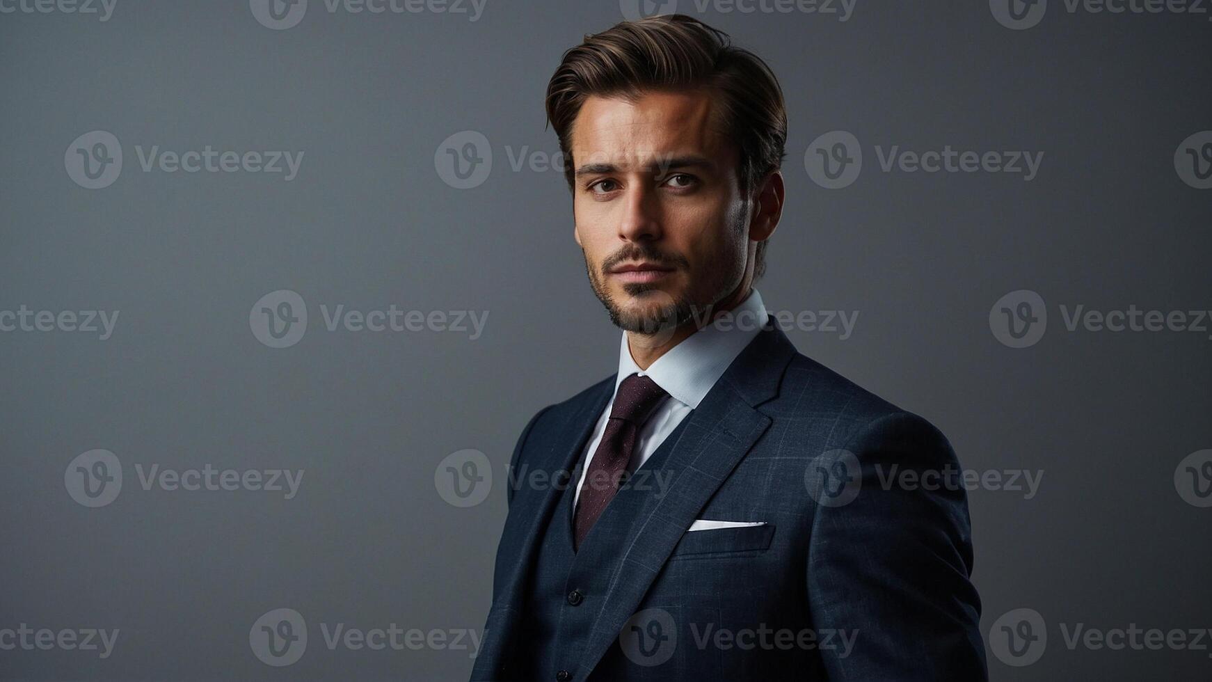 A man in a suit and tie standing in front of a gray background photo