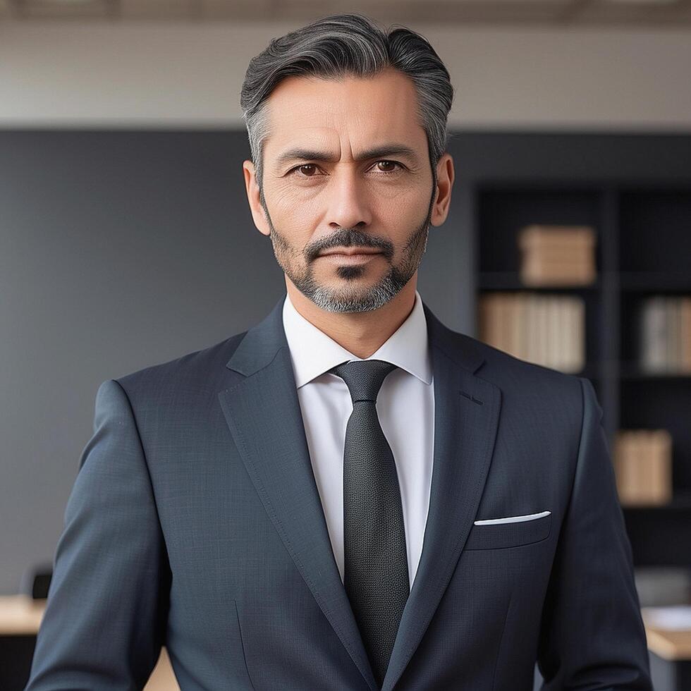 A man in a suit and tie standing in front of a desk photo