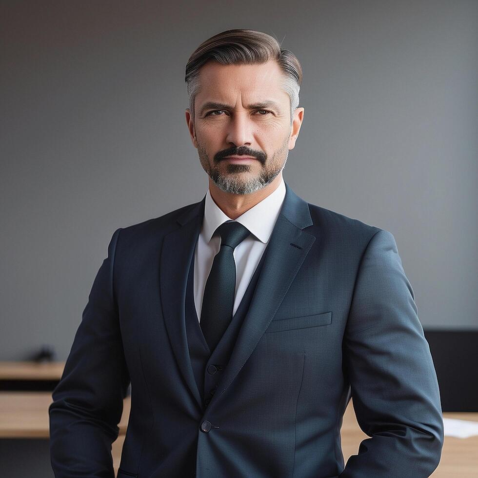 A man in a suit and tie standing in front of a desk photo