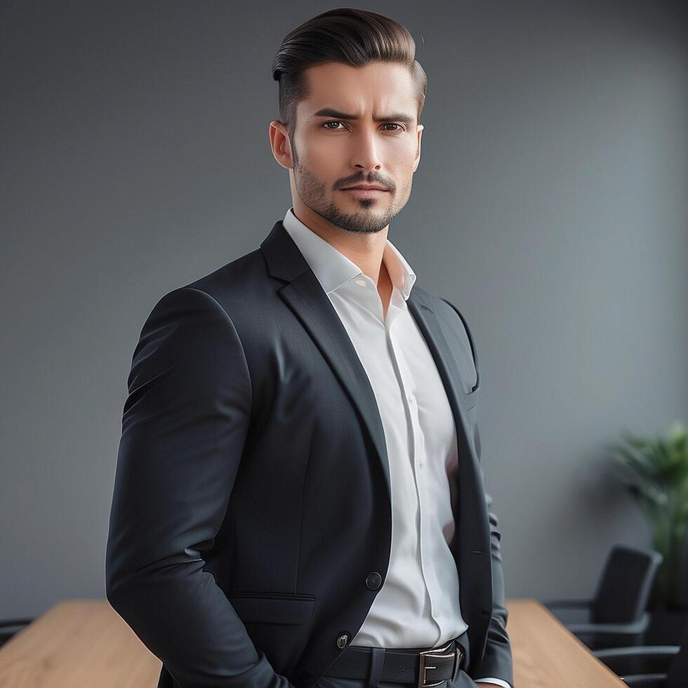 A man in a suit standing in front of a table photo